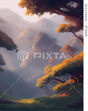 Vertical Travel landscape with river running among forest hills at dawn against 105623184
