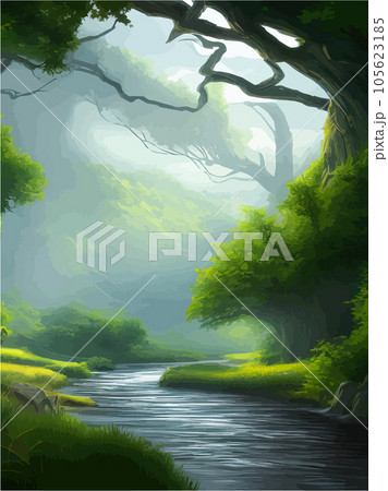 Vertical Travel landscape with river running among forest hills at dawn against 105623185