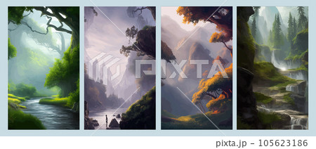 Set of landscapes. Coniferous wood hills with mountains and river, vector 105623186