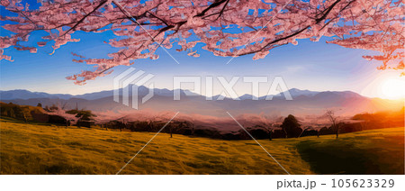 Landscape with branch sakura blossom trees. Misty mountains in clouds. Oriental 105623329