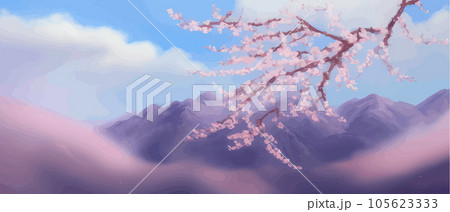 Landscape with branch sakura blossom trees. Misty mountains in clouds. Oriental Landscape with branch sakura blossom trees. Misty mountains in clouds. Oriental 105623333