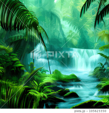 Tropical botanical landscape vector illustration, with waterfalls and palm Tropical botanical landscape vector illustration, with waterfalls and palm 105623350
