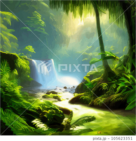 Tropical botanical landscape vector illustration, with waterfalls and palm 105623351