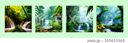 Jungle waterfall vector illustration. Fantasy mystical fauna. Tropical forest 105623368