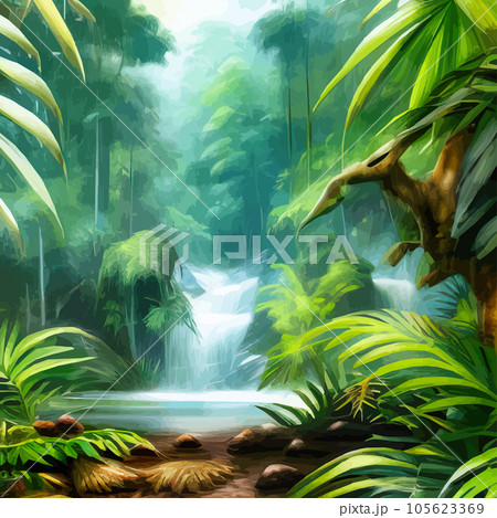 Tropical botanical landscape vector illustration, with waterfalls and palm Tropical botanical landscape vector illustration, with waterfalls and palm 105623369