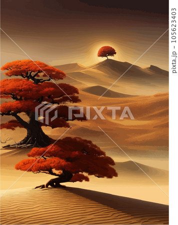 Sunset or full moon in African autumn orange big crooked tree on hill alone Sunset or full moon in African autumn orange big crooked tree on hill alone 105623403