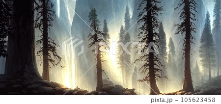 Twilight forest background. Scary fashion landscape vector image 105623458