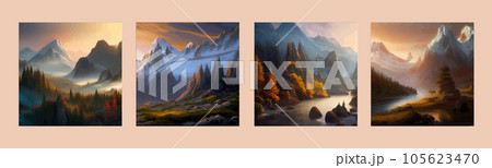 Forest and mountains river landscape vector. Foggy cloudy day vector Forest and mountains river landscape vector. Foggy cloudy day vector 105623470