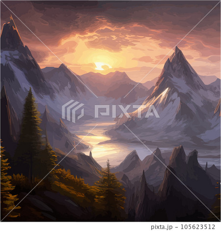 Incredible mountain landscape in clouds with forest and a river. Vector Incredible mountain landscape in clouds with forest and a river. Vector 105623512