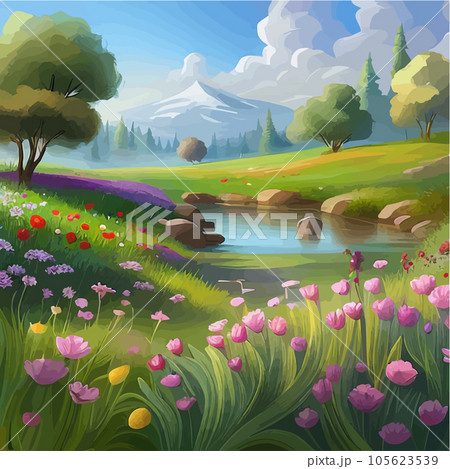 Picturesque meadow with wildflowers in bloom and mountain range in background Picturesque meadow with wildflowers in bloom and mountain range in background 105623539