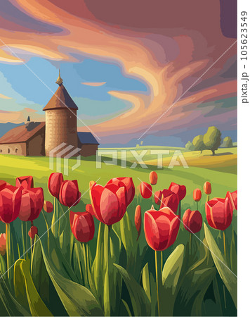 Field reds tulips against backdrop mountains. Spring banner vector 105623549