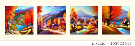 Vector Illustration painting style autumn landscape, village in middle fall 105623619