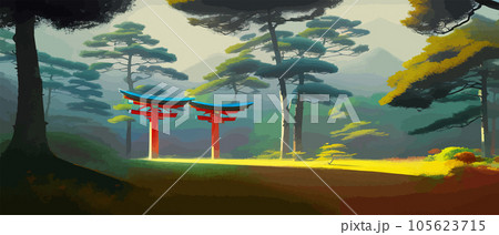 Torii, Japanese shrine gate. Vector illustration wooden Japanese Torii gate Torii, Japanese shrine gate. Vector illustration wooden Japanese Torii gate 105623715