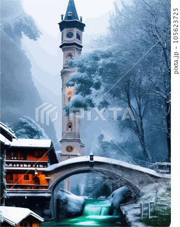 In snow castle old castle in woods, style town, photorealistic, quiet river 105623725