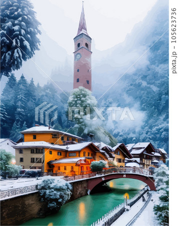 In snow castle old castle in woods, style town, photorealistic, quiet river In snow castle old castle in woods, style town, photorealistic, quiet river 105623736