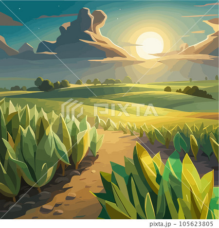 Corn field with the blue sky Realistic vector illustration of corn field Corn field with the blue sky Realistic vector illustration of corn field 105623805