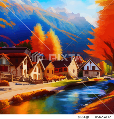 Sunny day in village house with road and orange autumn trees. Cartoon picture 105623842
