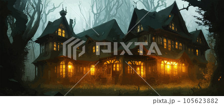 Haunted mansion with spooky backdrop, haunted house with lights in windows 105623882