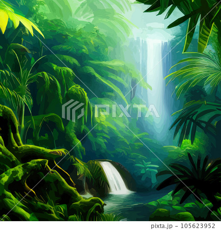 Tropical botanical landscape vector illustration, with waterfalls and palm 105623952
