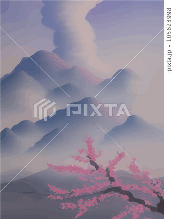 Landscape with branch sakura blossom trees. Misty mountains in clouds. Oriental 105623998