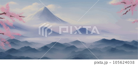 Landscape with cherry blossom branch misty mountains in clouds. Traditional 105624038