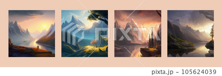 Forest and mountains river landscape vector. Foggy cloudy day vector 105624039