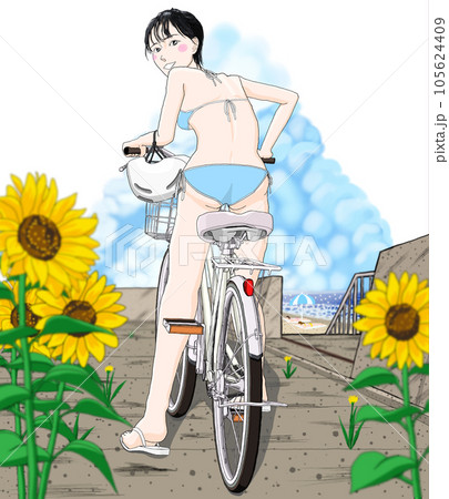 自転車に乗っているビキニ水着の女の子45 ヘルメット左のイラスト素材