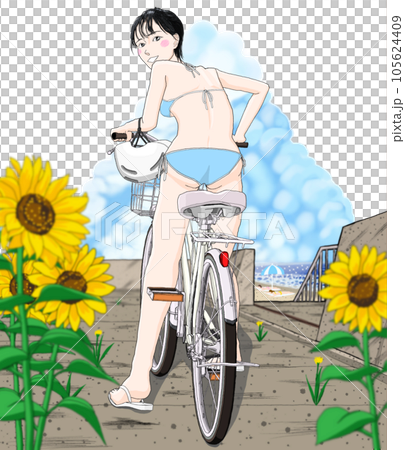 自転車に乗っているビキニ水着の女の子45 ヘルメット左のイラスト素材