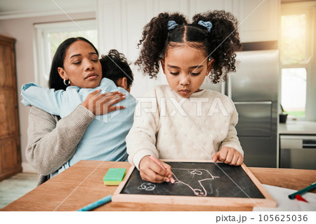Child homework, family support and mom care with chalkboard, writing and school learning at home. Mother, young girl and knowledge development with kid in a house with education for homeschool Child homework, family support and mom care with chalkboard, writing and school learning at home. Mother, young girl and knowledge development with kid in a house with education for homeschool 105625036