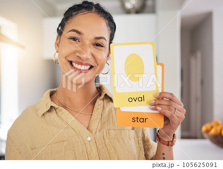 Teacher, video call and portrait of woman with card at home with remote work and teaching.Shape study, greeting and welcome of a happy female professional in learning webinar with smile in a house Teacher, video call and portrait of woman with card at home with remote work and teaching.Shape study, greeting and welcome of a happy female professional in learning webinar with smile in a house 105625091