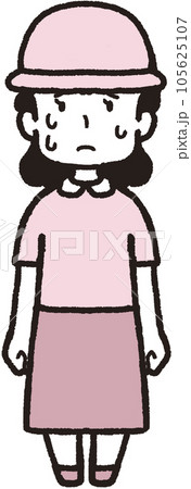 帽子をかぶって正面を向いて汗をたくさんかいている女性の全身イラスト 105625107