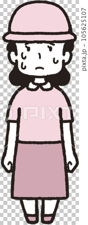 帽子をかぶって正面を向いて汗をたくさんかいている女性の全身イラスト 105625107