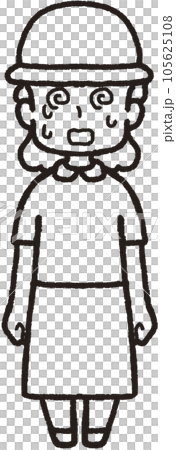 帽子をかぶって正面を向いて汗をたくさんかいている目を回している女性の全身線画イラスト 105625108