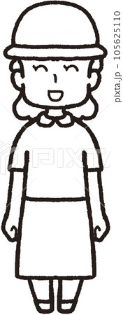 帽子をかぶって正面を向いて笑っている女性の全身線画イラスト 105625110