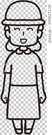 帽子をかぶって正面を向いて笑っている女性の全身線画イラスト 105625110