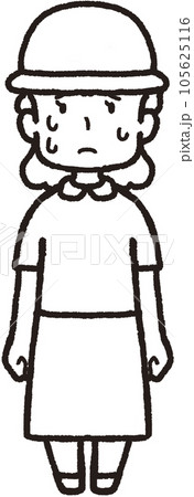 帽子をかぶって正面を向いて汗をたくさんかいている女性の全身線画イラスト 105625116