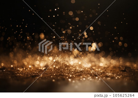 A glitter grunge background with flying golden particles and bokeh lights. Abstract pattern for Christmas and gala sparkle. AI Generative. 105625264