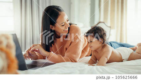 Remote work, love and mother with baby in a bed for bonding, relax and playing in their home. Work from home, freelance and female relax with newborn, happy and smile while having fun in a bedroom 105625666
