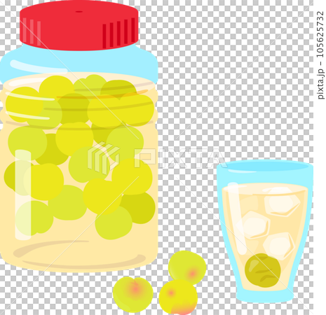 保存容器で漬けた梅とグラスに入った梅ドリンク 105625732
