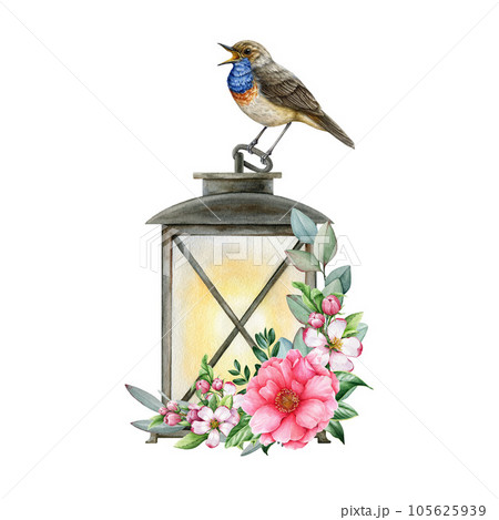 Singing bird siting on a vintage style lamp...のイラスト素材