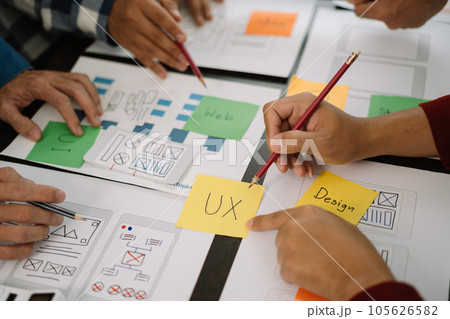 Creative male web designer planning application development for web mobile phone at modern workplace. 105626582