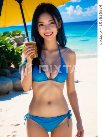 ビーチでビールを飲む若い女性 105626824