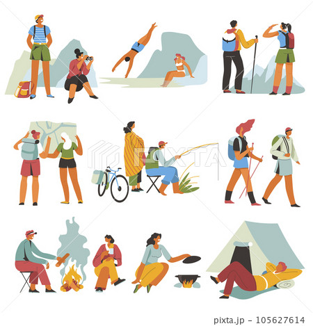 Hiking and trekking, going to mountains camping 105627614