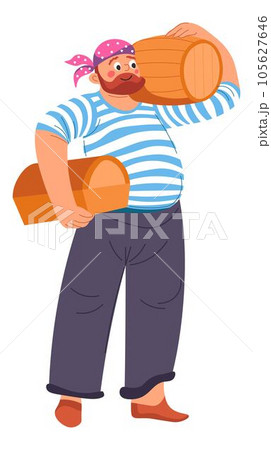Pirate with wooden keg of rum, man characters Pirate with wooden keg of rum, man characters 105627646