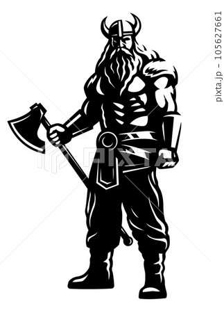 Viking warrior in a helmet and with an ax. Vector illustration. Viking warrior in a helmet and with an ax. Vector illustration. 105627661