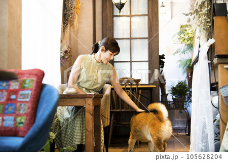 ドックカフェ　若い女性　犬　イメージ 105628204