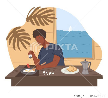 Male character cooking, frying eggs at home vector Male character cooking, frying eggs at home vector 105628698