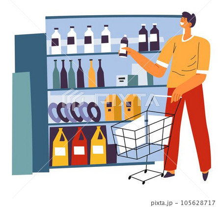 Male character buying products in supermarket 105628717
