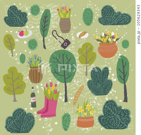 Nature in spring, park with trees and plants bush 105629343