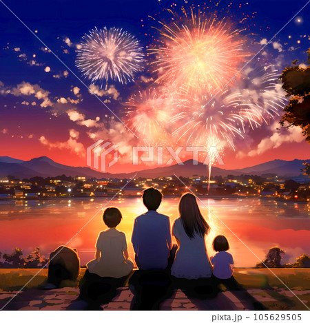 夏の夜、池の畔で花火鑑賞をするファミリー 105629505